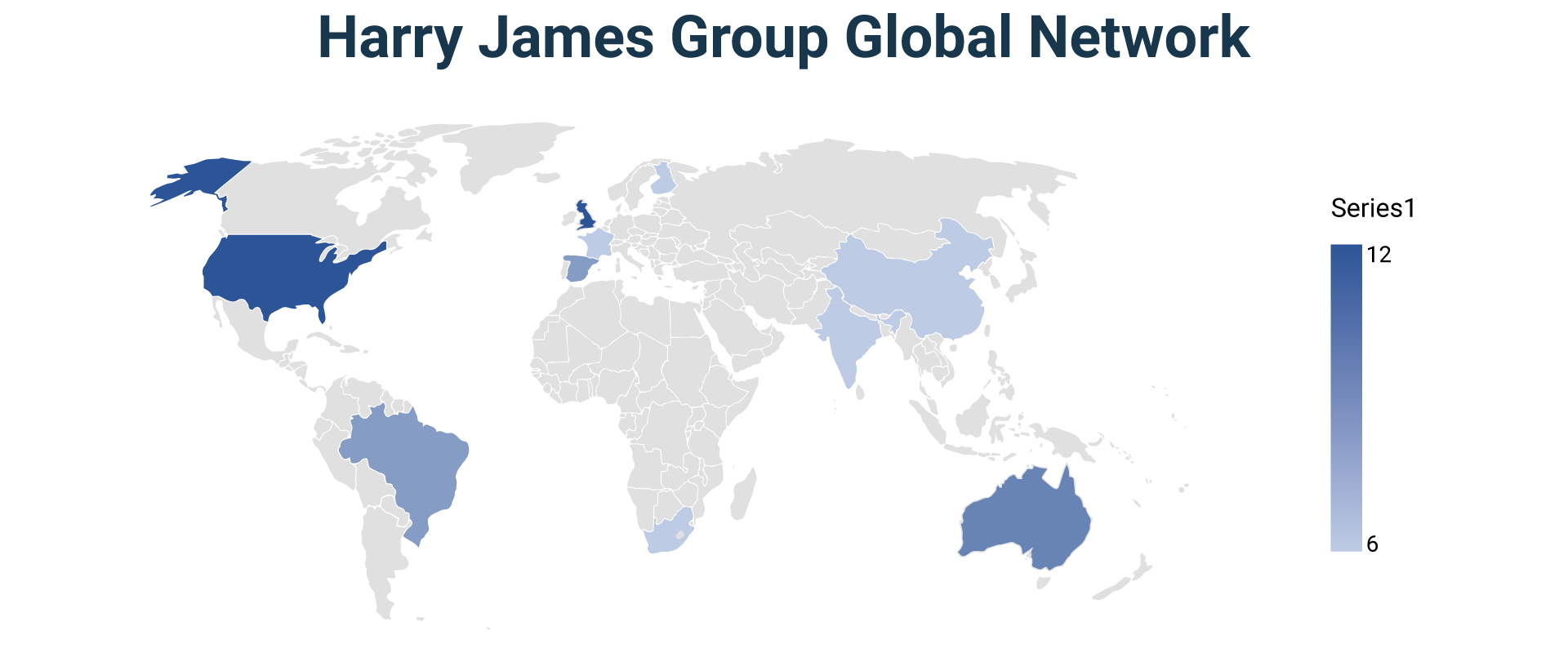 Harry James Group global network map highlighting markets across the Americas, Europe, Asia, Africa and Australia